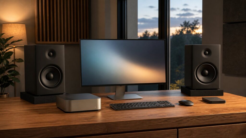 夕暮れのデスクに並んだMac mini、ディスプレイ、モニタースピーカー、外付けドライブ