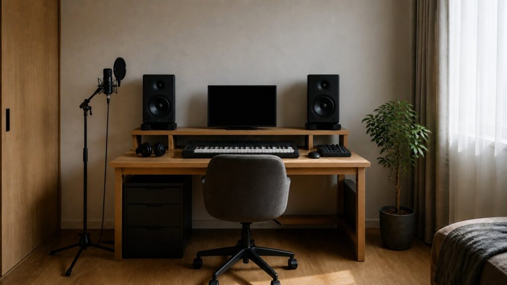自宅の一室に組まれた音楽制作用のデスクとモニタースピーカー