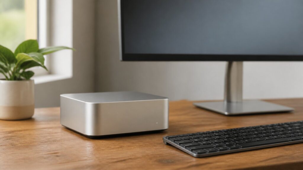 デスクに置かれたMac mini本体と外部ディスプレイ