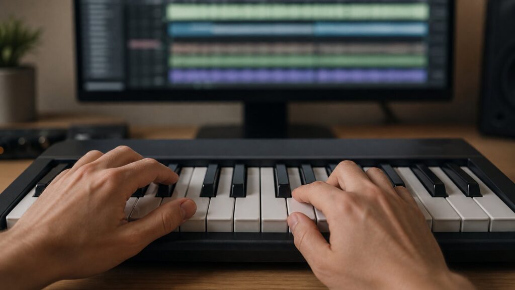 MIDIキーボードを弾く手と、奥に並ぶDAWのトラック画面