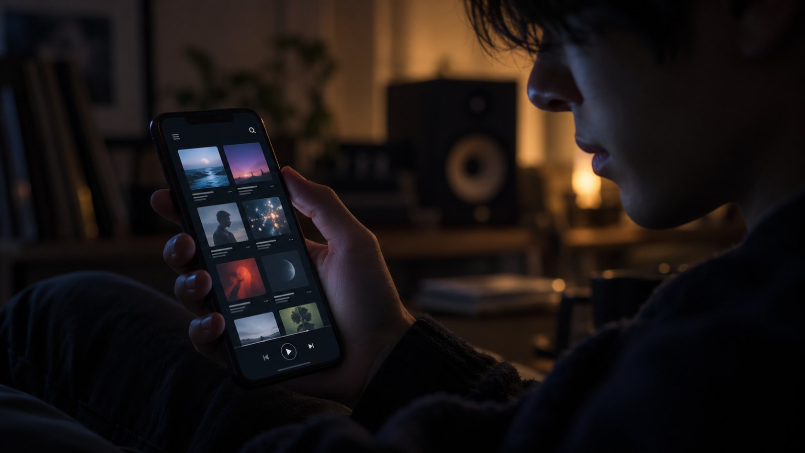 スマートフォンで音楽配信アプリを開き、アルバムが並んでいる様子