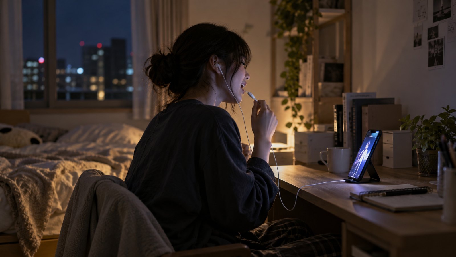 夜の自室で、有線イヤホンのマイク部分を口元に近づけて歌っている様子